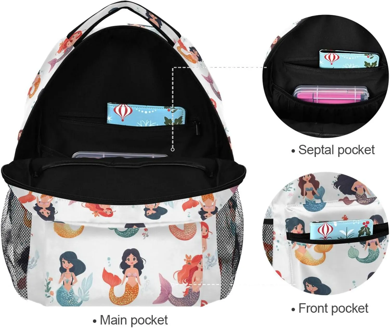 Cool Backpacks for Teens Boys Girls Waterproof Backpack with Chest Strap for Travel Trip Cartoon Cute Mermaid