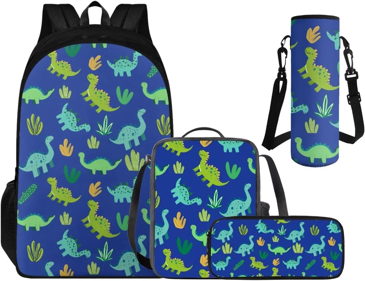 Cool Dinosaur Backpack for School with Lunch Box, 4th Grade Boys Backpack Large Capacity Bookbag Lunch Bag Pencil Case and Water Bottle Holder 4 PCS Set for Back to School