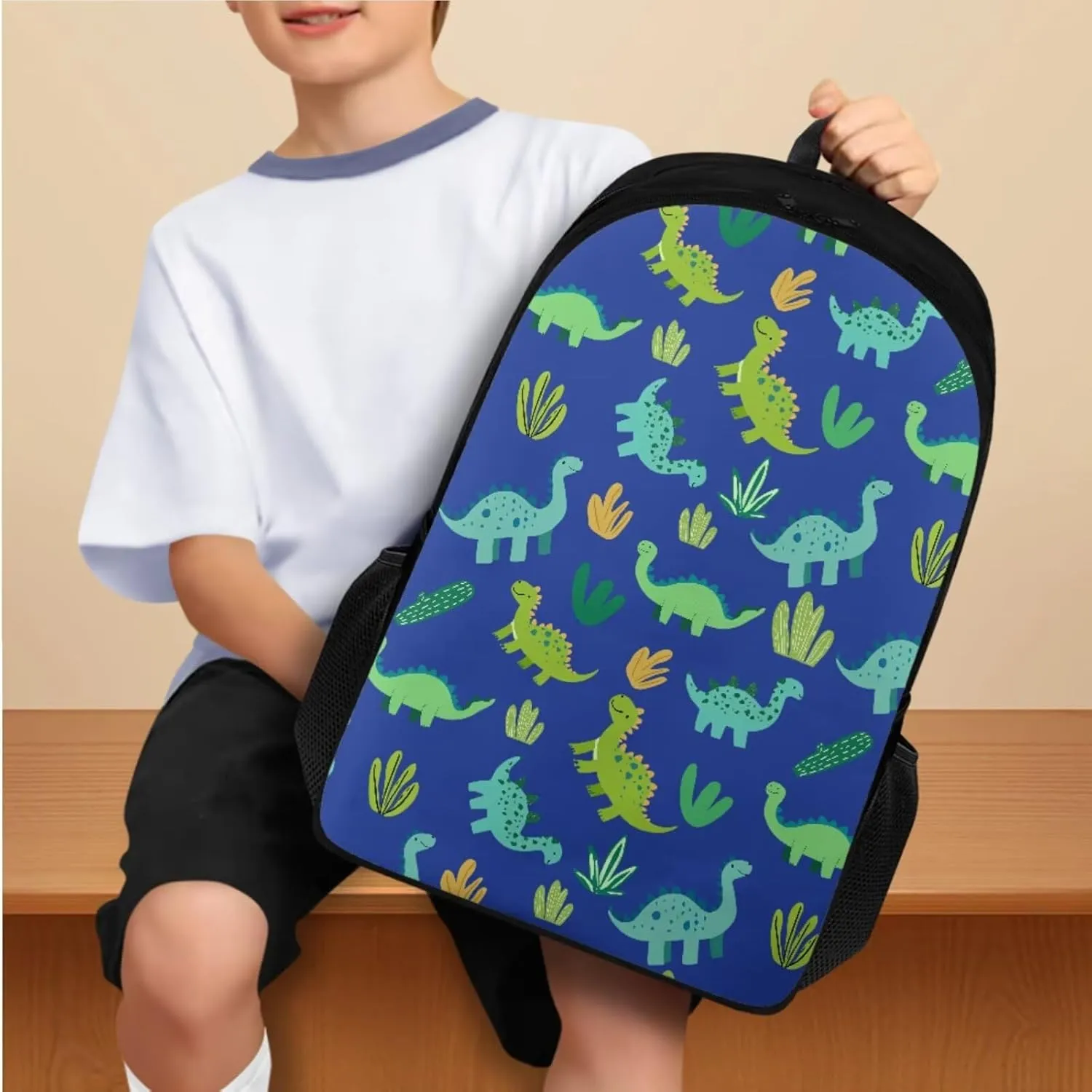 Cool Dinosaur Backpack for School with Lunch Box, 4th Grade Boys Backpack Large Capacity Bookbag Lunch Bag Pencil Case and Water Bottle Holder 4 PCS Set for Back to School