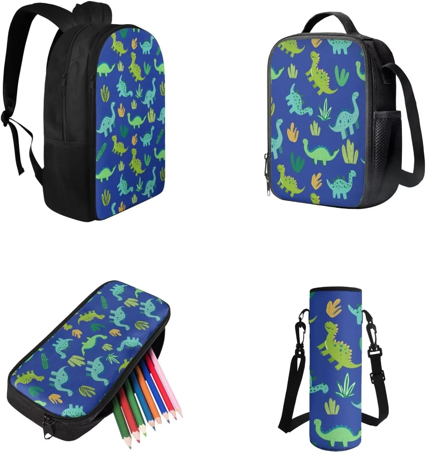 Cool Dinosaur Backpack for School with Lunch Box, 4th Grade Boys Backpack Large Capacity Bookbag Lunch Bag Pencil Case and Water Bottle Holder 4 PCS Set for Back to School