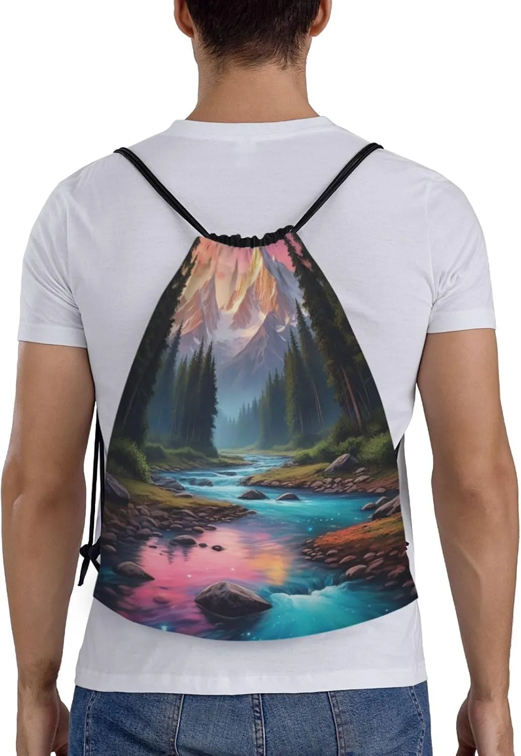 Cool star river Print Drawstring Bags 210D Polyester Backpack Foldable Sports Drawstring Sack Mini Travel Daypack