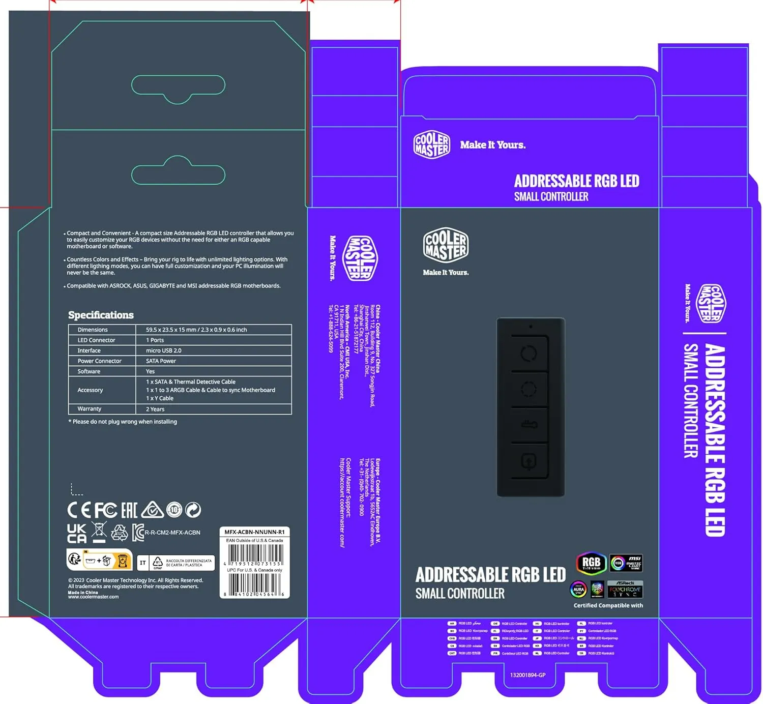 Cooler Master ARGB LED Small Controller with 3-Pin Port - Multiple Colour Effects and Thermal Detection Mode, MFX-ACBN-NNUNN-R1