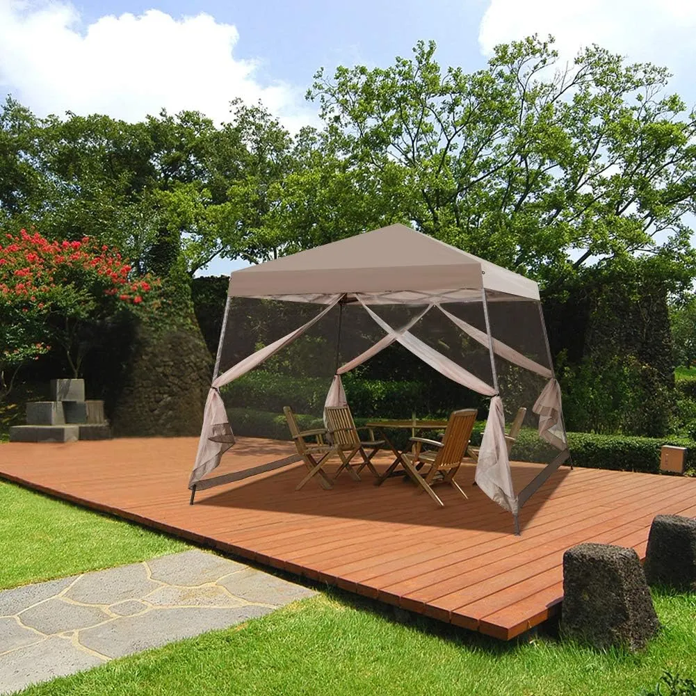 COOS BAY 10x10 Pop Up Canopy Tent with Screen Netting, Slant Leg, Instant Folding Shelter, 64 Sq Ft Shade, One Person Set up, Beige