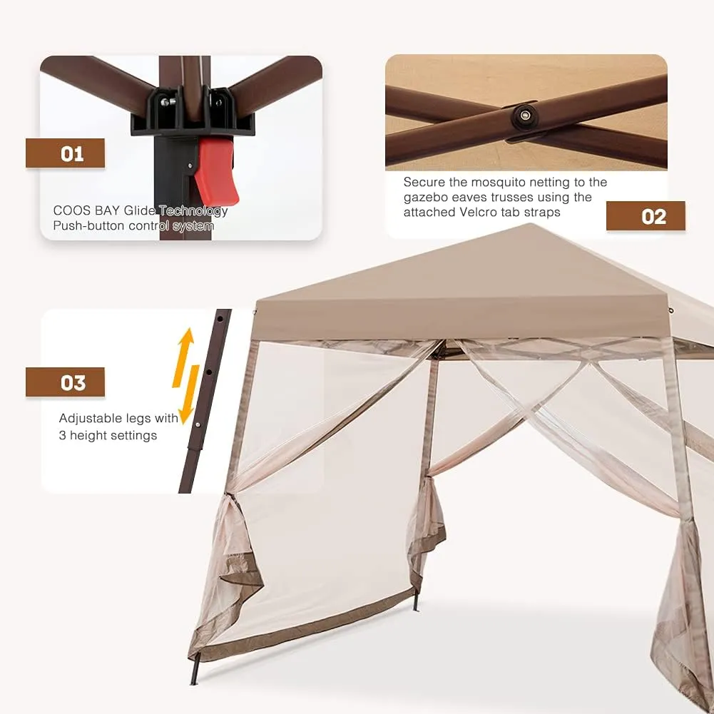 COOS BAY 10x10 Pop Up Canopy Tent with Screen Netting, Slant Leg, Instant Folding Shelter, 64 Sq Ft Shade, One Person Set up, Beige