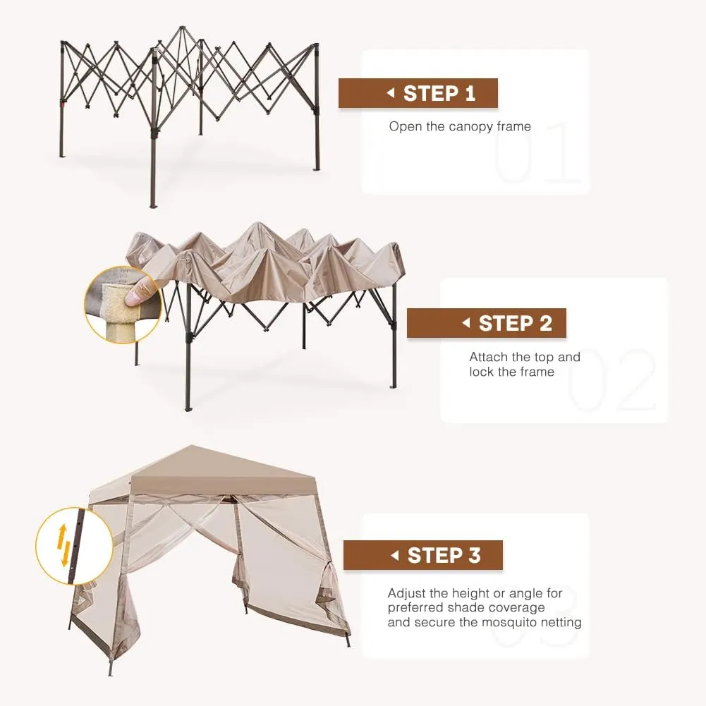 COOS BAY 10x10 Pop Up Canopy Tent with Screen Netting, Slant Leg, Instant Folding Shelter, 64 Sq Ft Shade, One Person Set up, Beige