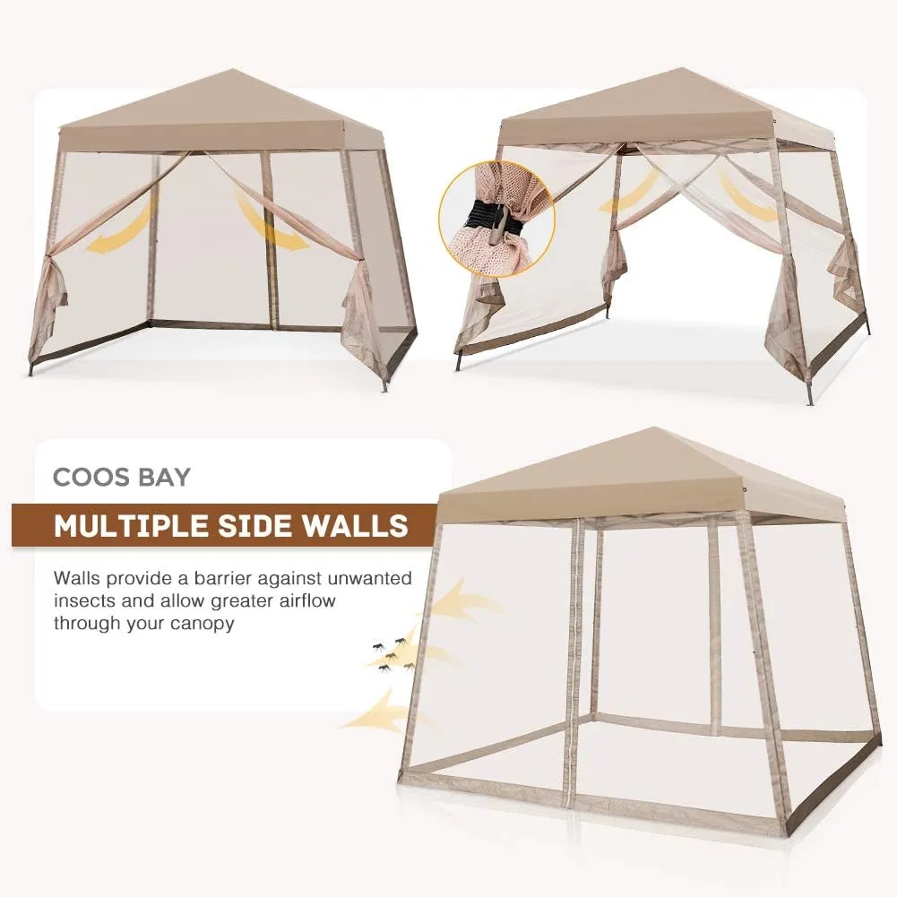 COOS BAY 10x10 Pop Up Canopy Tent with Screen Netting, Slant Leg, Instant Folding Shelter, 64 Sq Ft Shade, One Person Set up, Beige