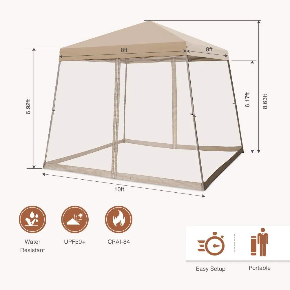 COOS BAY 10x10 Pop Up Canopy Tent with Screen Netting, Slant Leg, Instant Folding Shelter, 64 Sq Ft Shade, One Person Set up, Beige