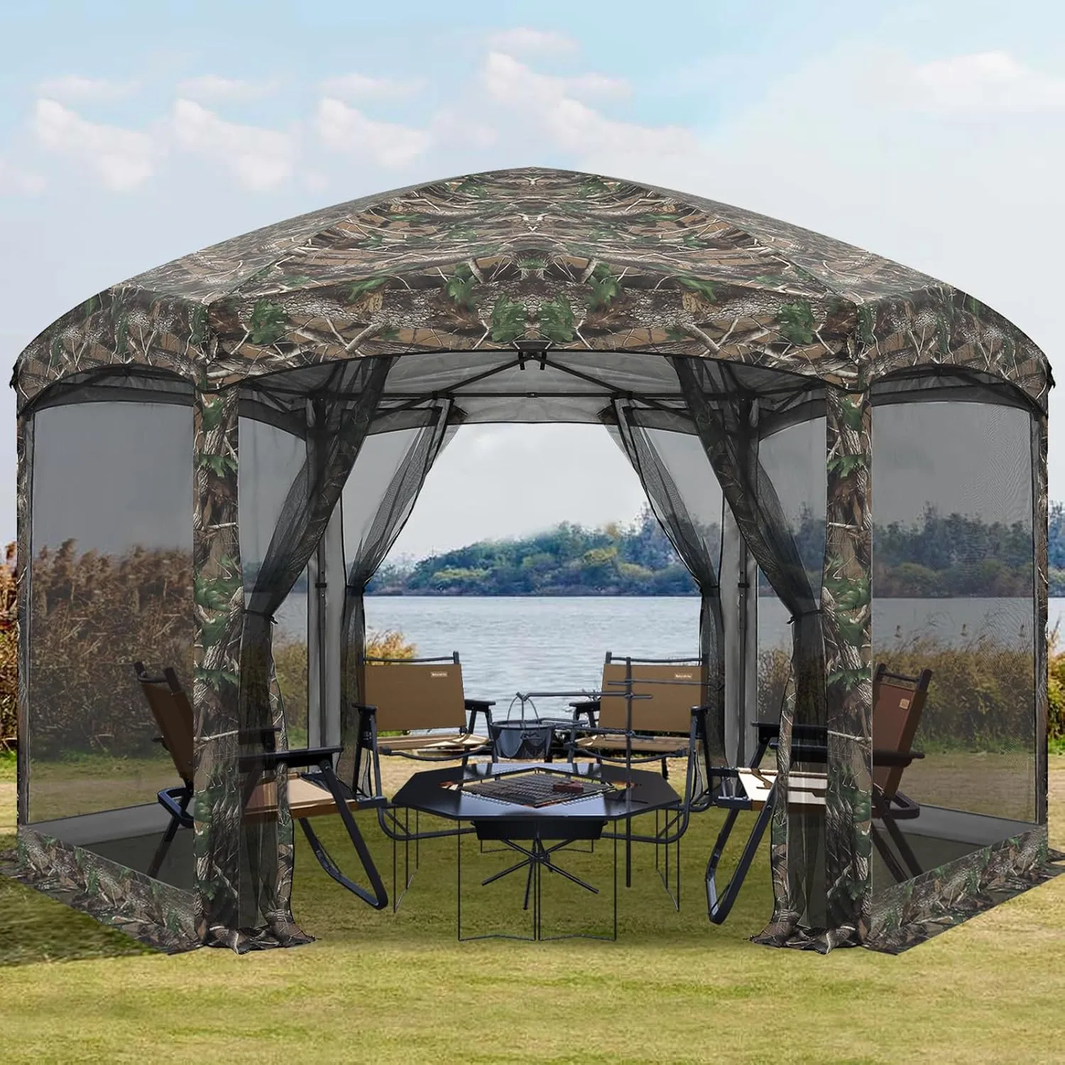 COOSHADE Pop up Canopy, 12X12 Pop up Tent with Mesh Walls, 6 Sides Gazebo, Patented 1 Step Lock Tech, Screened House for Outdoor/Camping/Lawn/Trip/Gathering, Camouflage