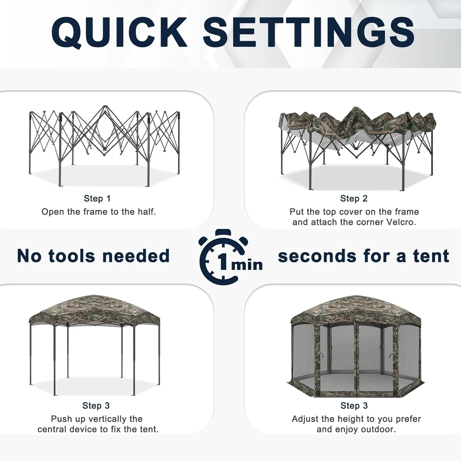 COOSHADE Pop up Canopy, 12X12 Pop up Tent with Mesh Walls, 6 Sides Gazebo, Patented 1 Step Lock Tech, Screened House for Outdoor/Camping/Lawn/Trip/Gathering, Camouflage