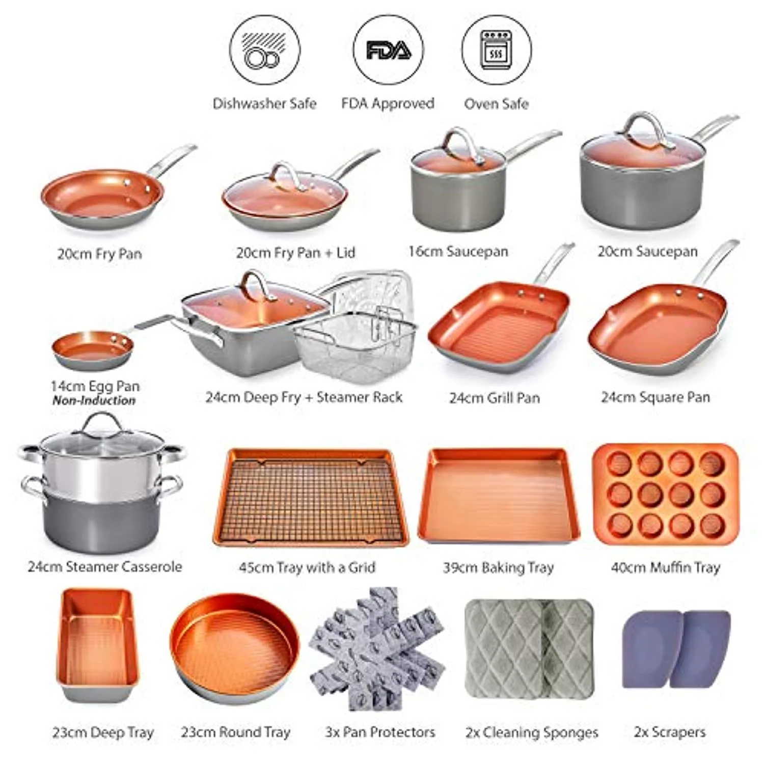 Copper Pots and Pans Set - 23pc Copper Cookware Nonstick