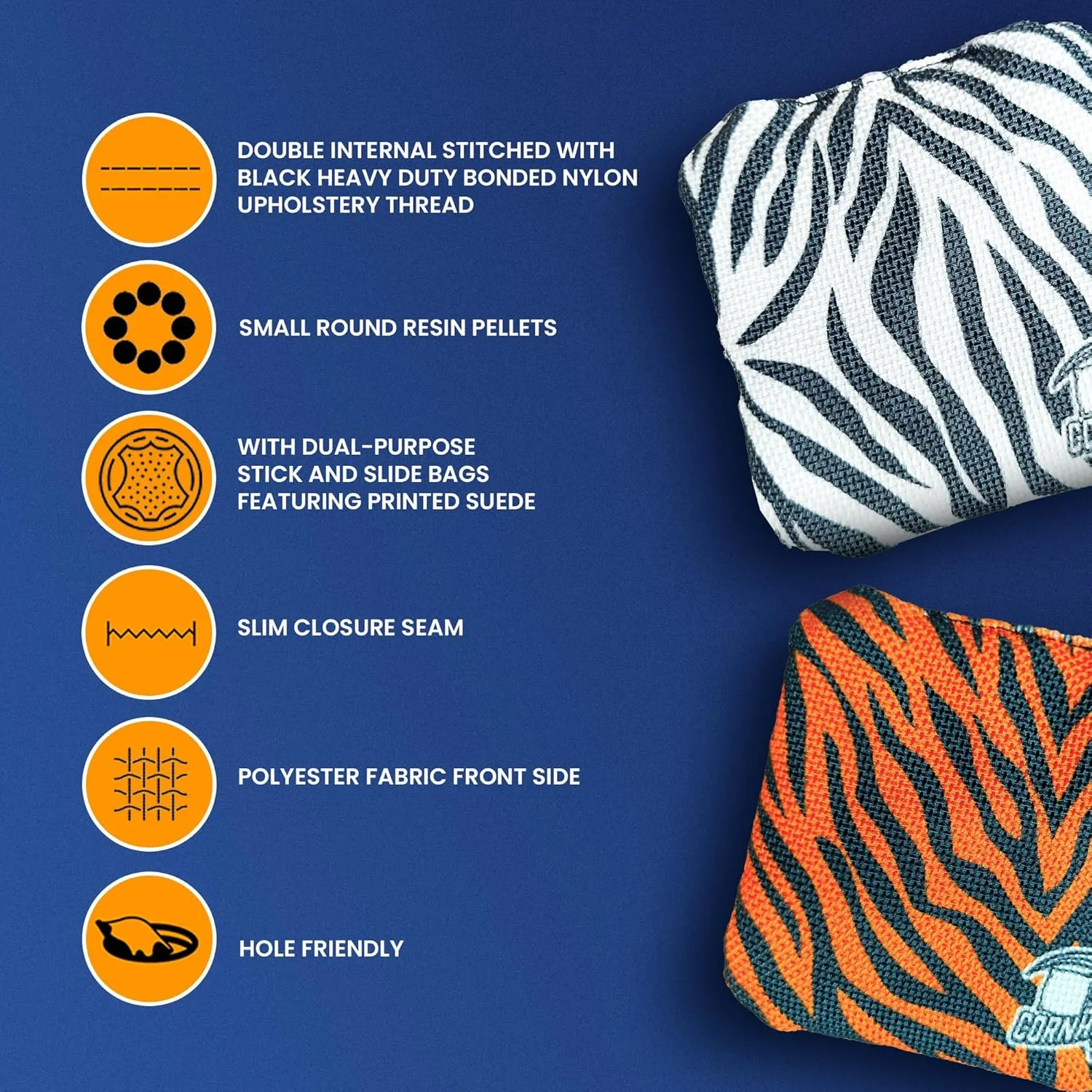 Cornhole365 - Stick & Slide - Professional Corn Hole Bag - Heavy-Duty Double-Stitched Polyester Fabric & Resin Filling for All-Weather - Versatile Regulation Size Cornhole Bean Bags - Set of 8