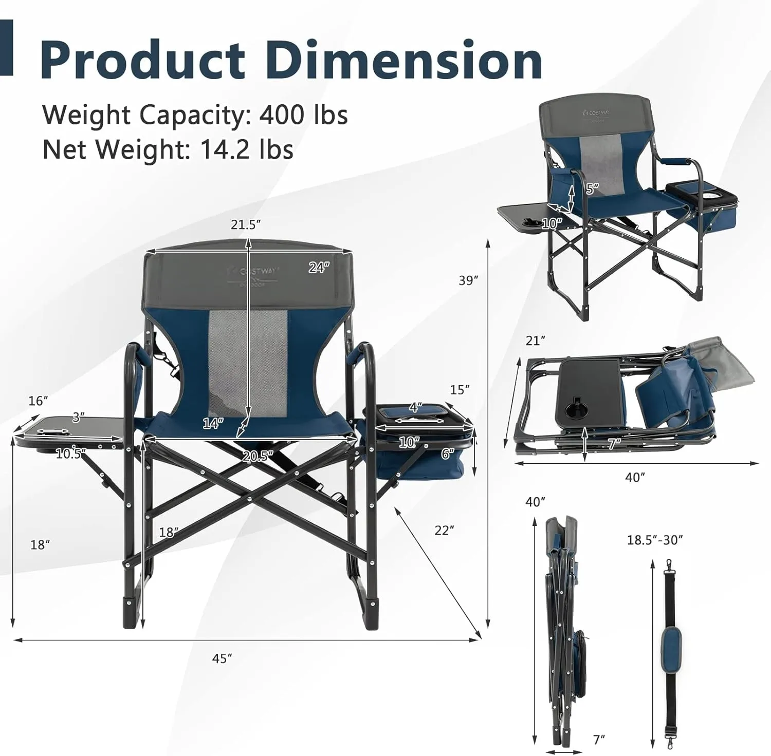 COSTWAY Folding Camping Chair, Heavy-Duty Director Chair Supports 400lbs for Adults with Side Table, Cooler Bag, Storage, Strap, Portable Makeup Chair Suitable for Fishing Picnic