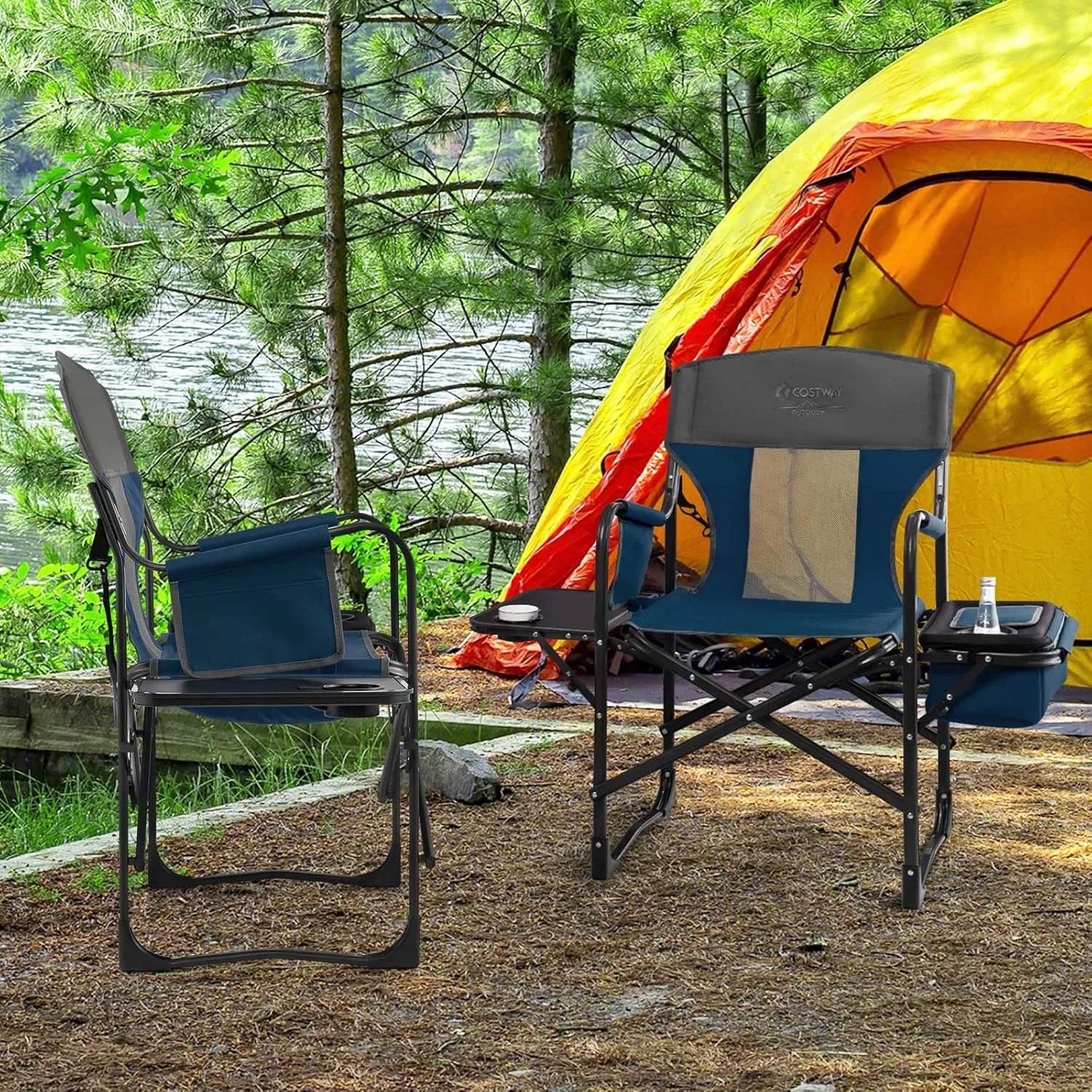 COSTWAY Folding Camping Chair, Heavy-Duty Director Chair Supports 400lbs for Adults with Side Table, Cooler Bag, Storage, Strap, Portable Makeup Chair Suitable for Fishing Picnic