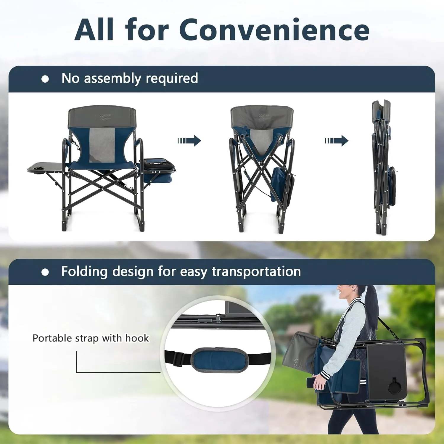 COSTWAY Folding Camping Chair, Heavy-Duty Director Chair Supports 400lbs for Adults with Side Table, Cooler Bag, Storage, Strap, Portable Makeup Chair Suitable for Fishing Picnic