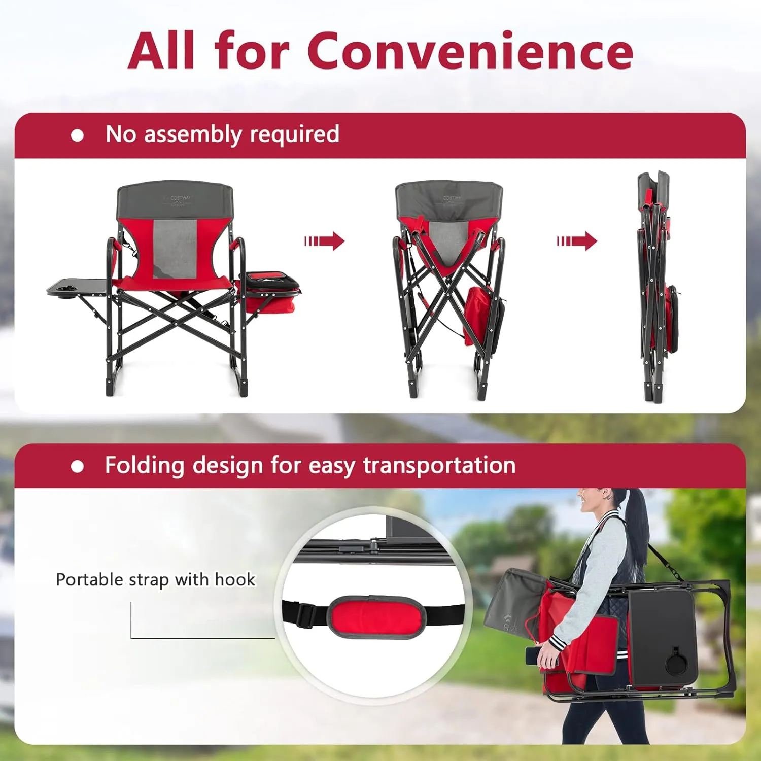 COSTWAY Folding Camping Chair, Heavy-Duty Director Chair Supports 400lbs for Adults with Side Table, Cooler Bag, Storage, Strap, Portable Makeup Chair Suitable for Fishing Picnic