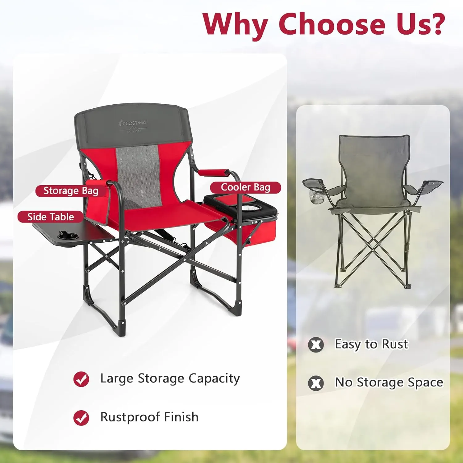 COSTWAY Folding Camping Chair, Heavy-Duty Director Chair Supports 400lbs for Adults with Side Table, Cooler Bag, Storage, Strap, Portable Makeup Chair Suitable for Fishing Picnic