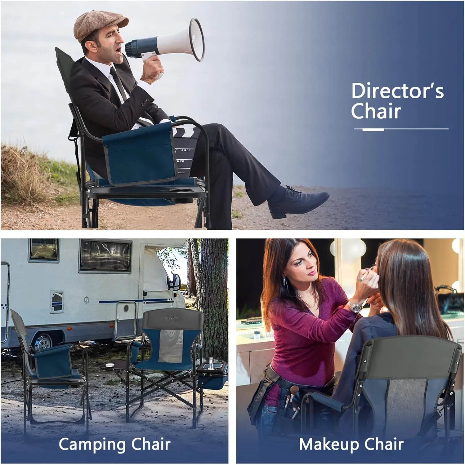 COSTWAY Folding Camping Chair, Heavy-Duty Director Chair Supports 400lbs for Adults with Side Table, Cooler Bag, Storage, Strap, Portable Makeup Chair Suitable for Fishing Picnic