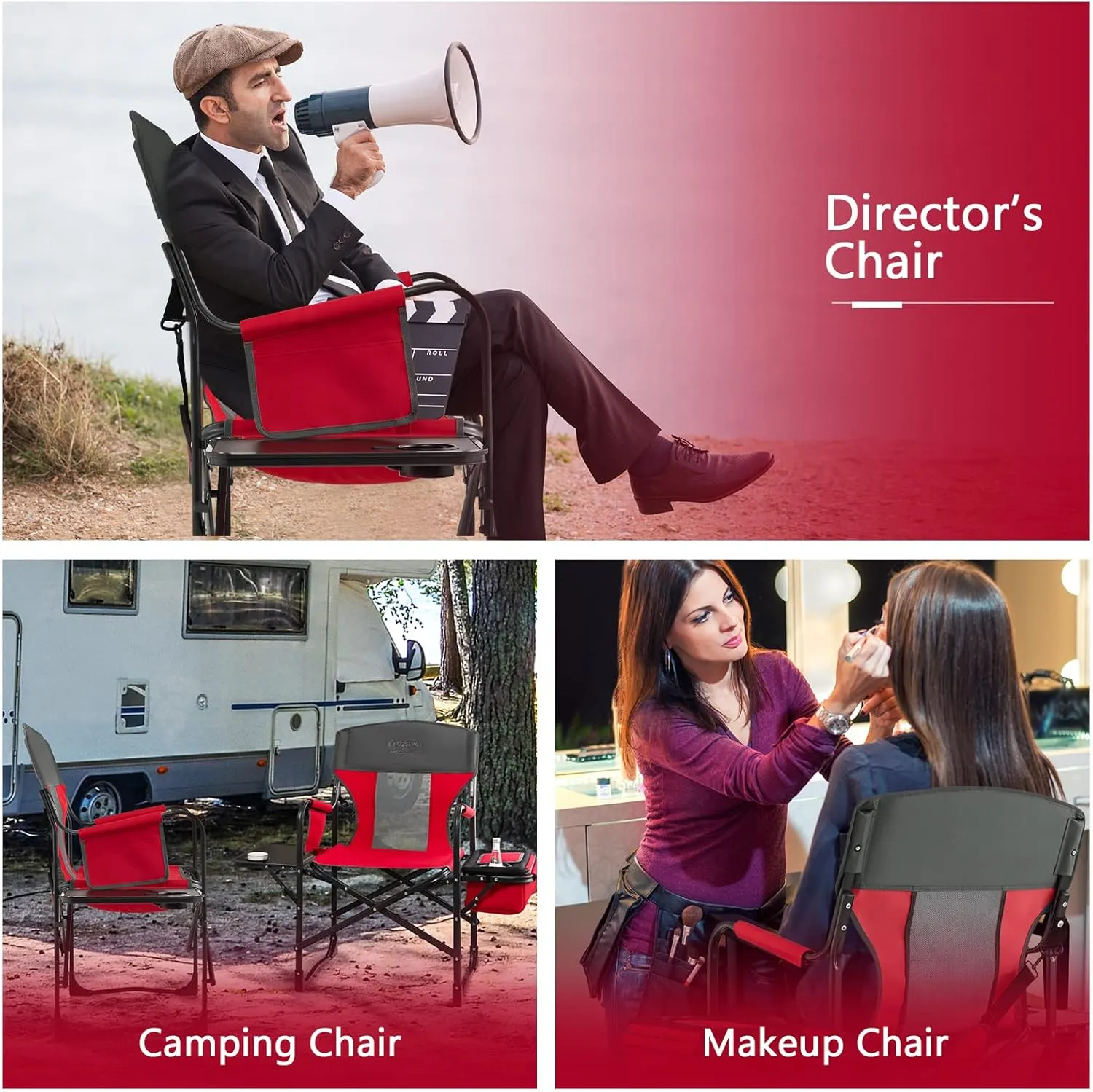 COSTWAY Folding Camping Chair, Heavy-Duty Director Chair Supports 400lbs for Adults with Side Table, Cooler Bag, Storage, Strap, Portable Makeup Chair Suitable for Fishing Picnic