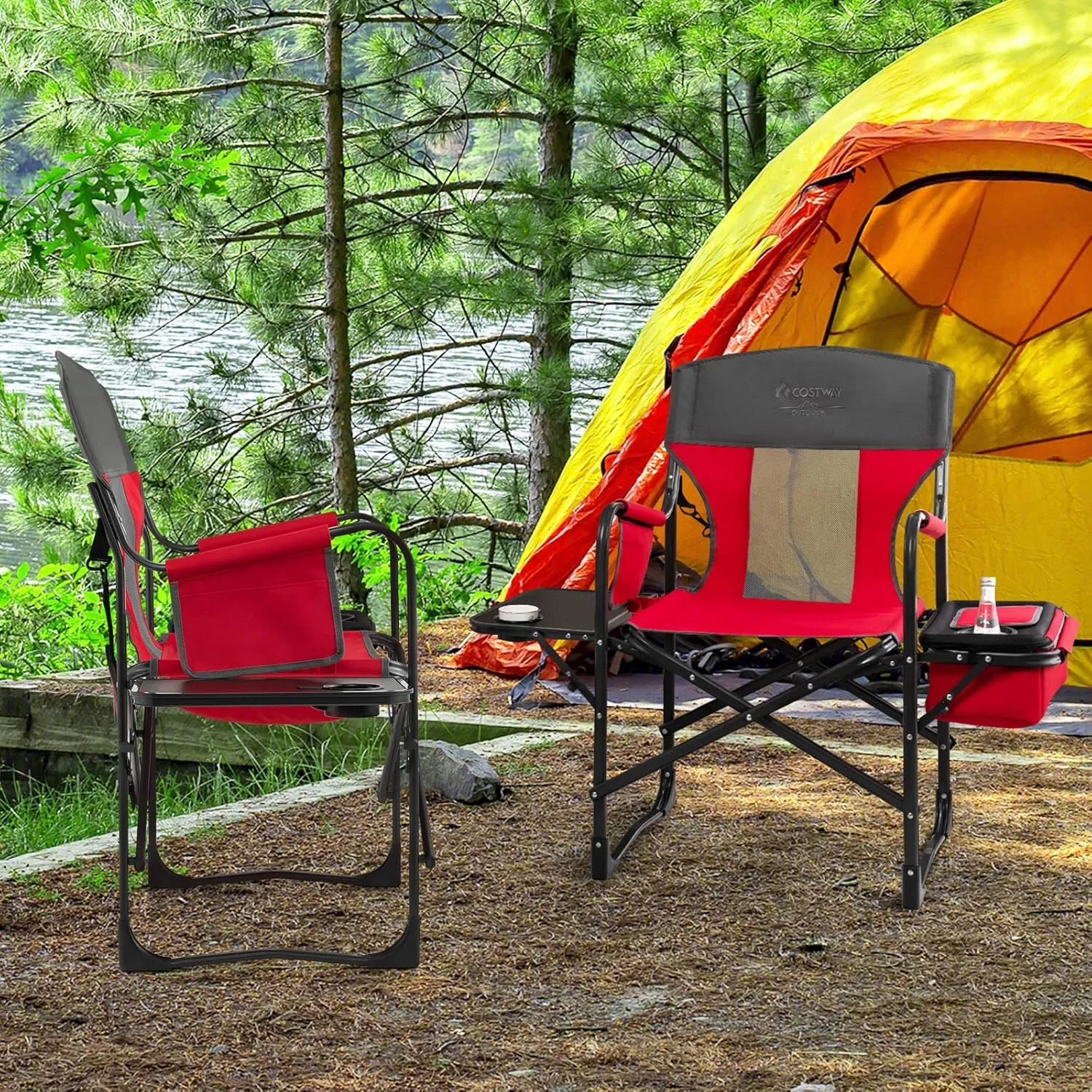 COSTWAY Folding Camping Chair, Heavy-Duty Director Chair Supports 400lbs for Adults with Side Table, Cooler Bag, Storage, Strap, Portable Makeup Chair Suitable for Fishing Picnic