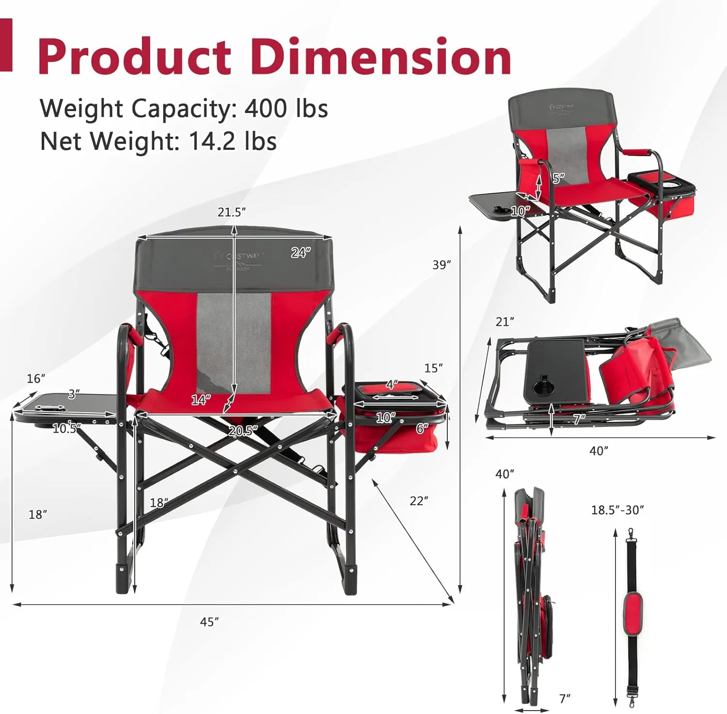 COSTWAY Folding Camping Chair, Heavy-Duty Director Chair Supports 400lbs for Adults with Side Table, Cooler Bag, Storage, Strap, Portable Makeup Chair Suitable for Fishing Picnic