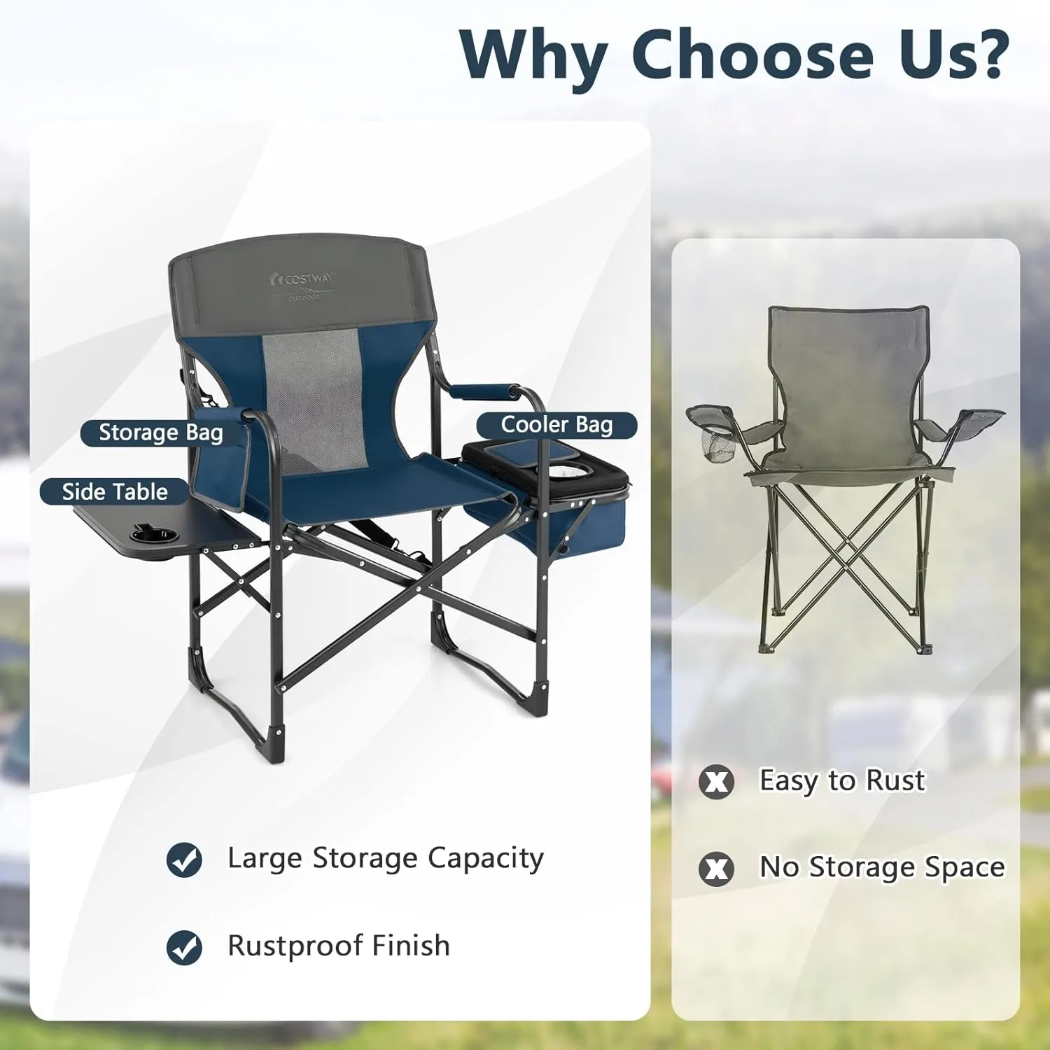 COSTWAY Folding Camping Chair, Heavy-Duty Director Chair Supports 400lbs for Adults with Side Table, Cooler Bag, Storage, Strap, Portable Makeup Chair Suitable for Fishing Picnic