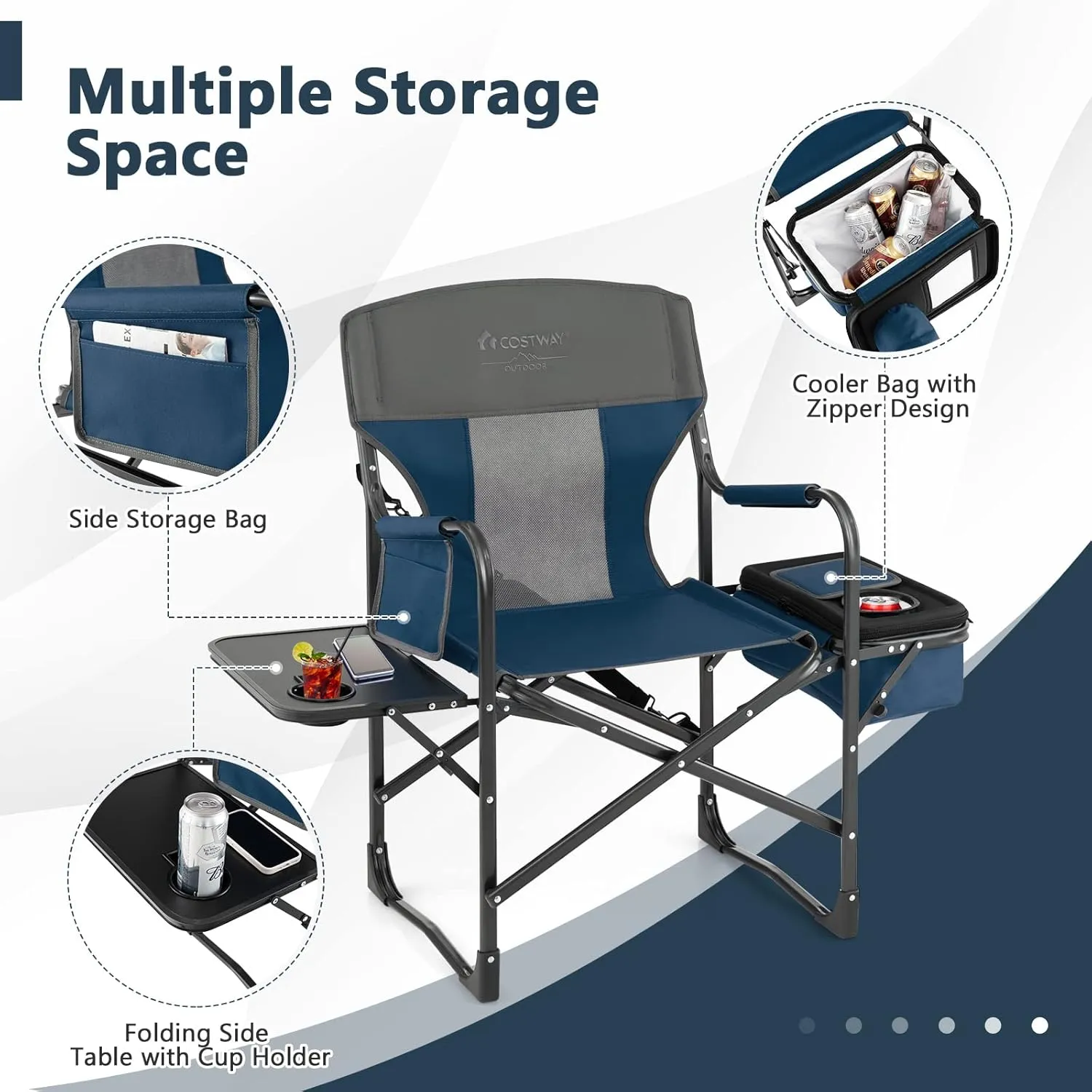 COSTWAY Folding Camping Chair, Heavy-Duty Director Chair Supports 400lbs for Adults with Side Table, Cooler Bag, Storage, Strap, Portable Makeup Chair Suitable for Fishing Picnic