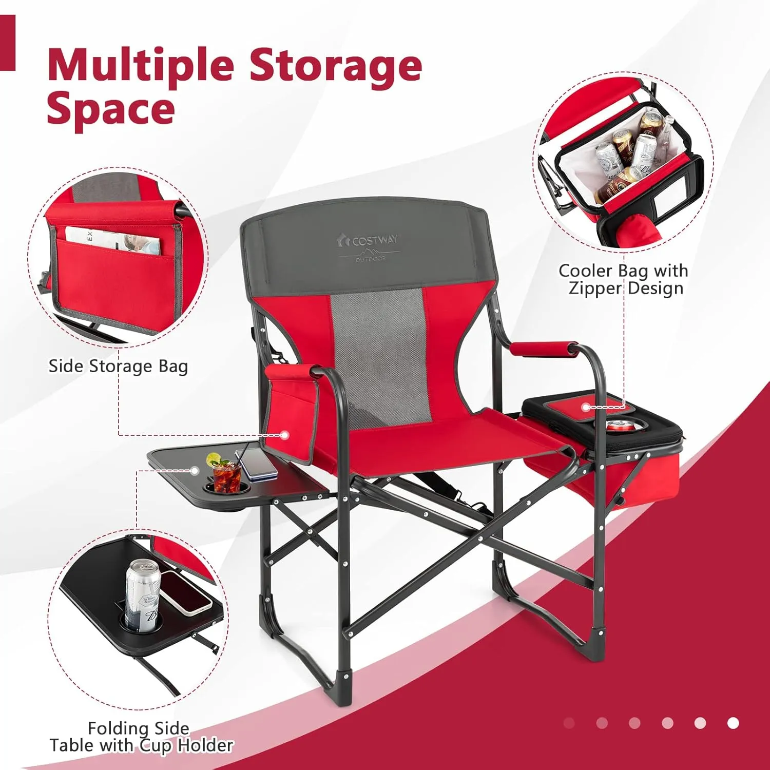 COSTWAY Folding Camping Chair, Heavy-Duty Director Chair Supports 400lbs for Adults with Side Table, Cooler Bag, Storage, Strap, Portable Makeup Chair Suitable for Fishing Picnic