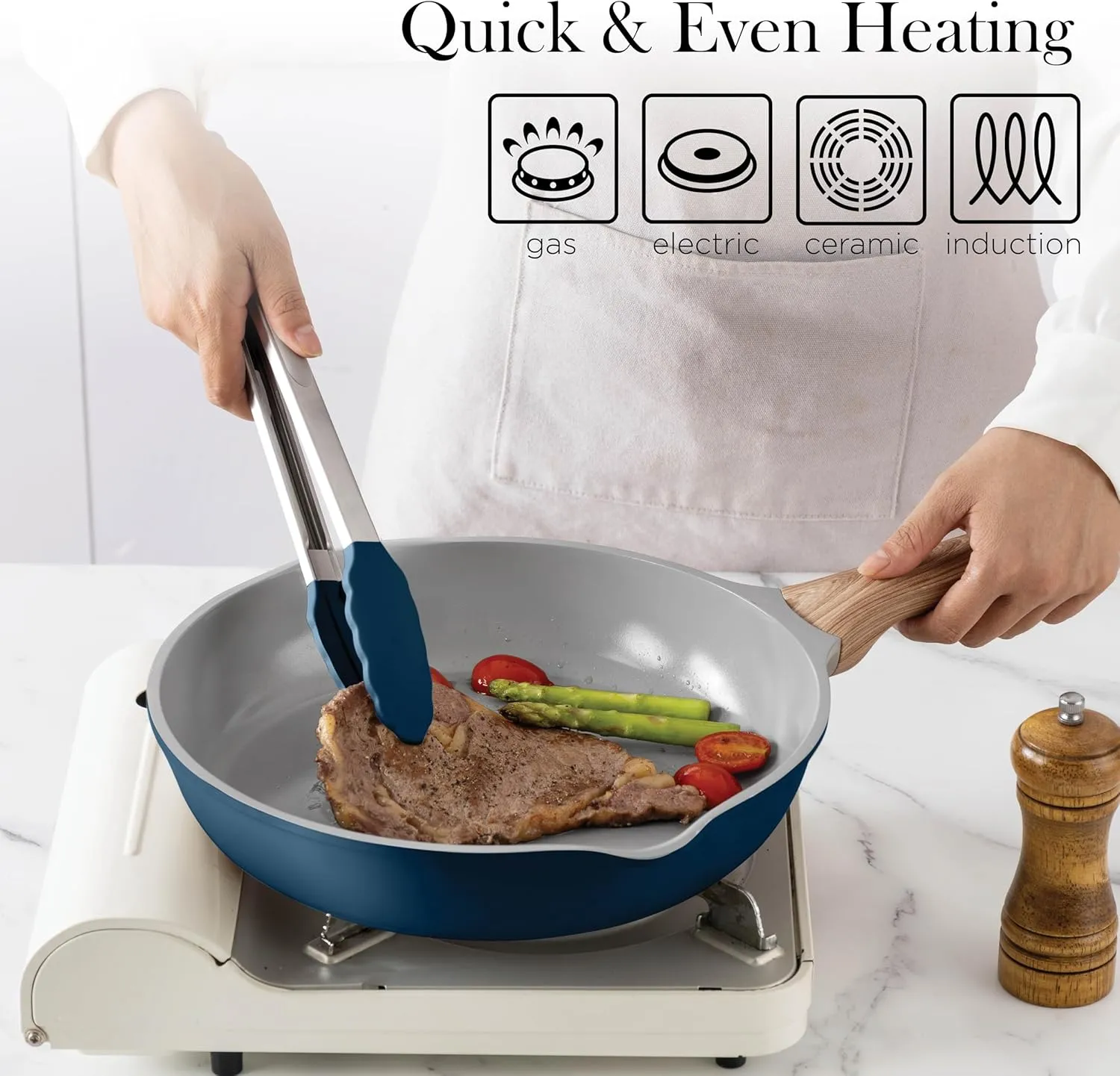 Country Kitchen Pots and Pans Set Nonstick, Cast Aluminum Kitchen Cookware Set with Utensils, 14 Pcs Non Stick Cooking Set w/Frying Pans & Saucepans, Navy