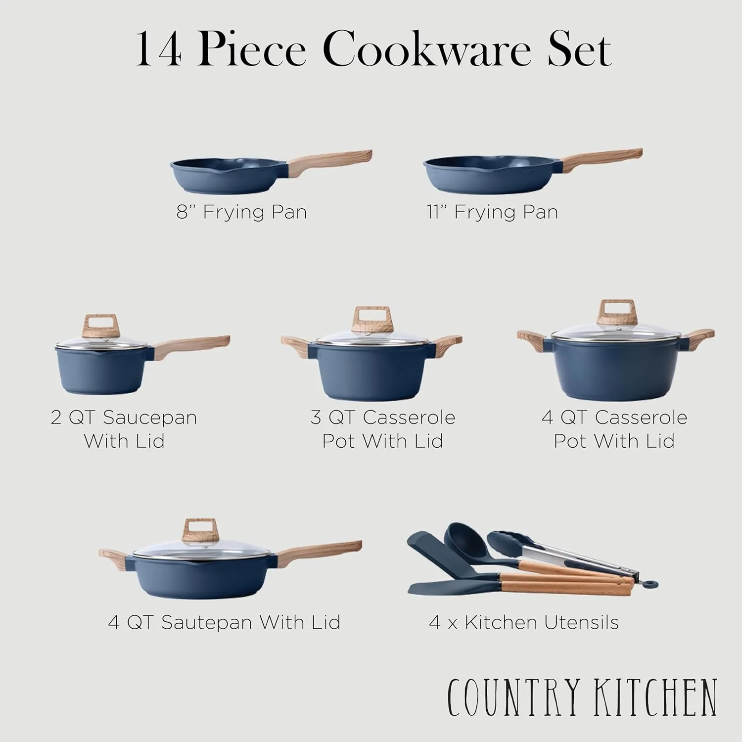Country Kitchen Pots and Pans Set Nonstick, Cast Aluminum Kitchen Cookware Set with Utensils, 14 Pcs Non Stick Cooking Set w/Frying Pans & Saucepans, Navy
