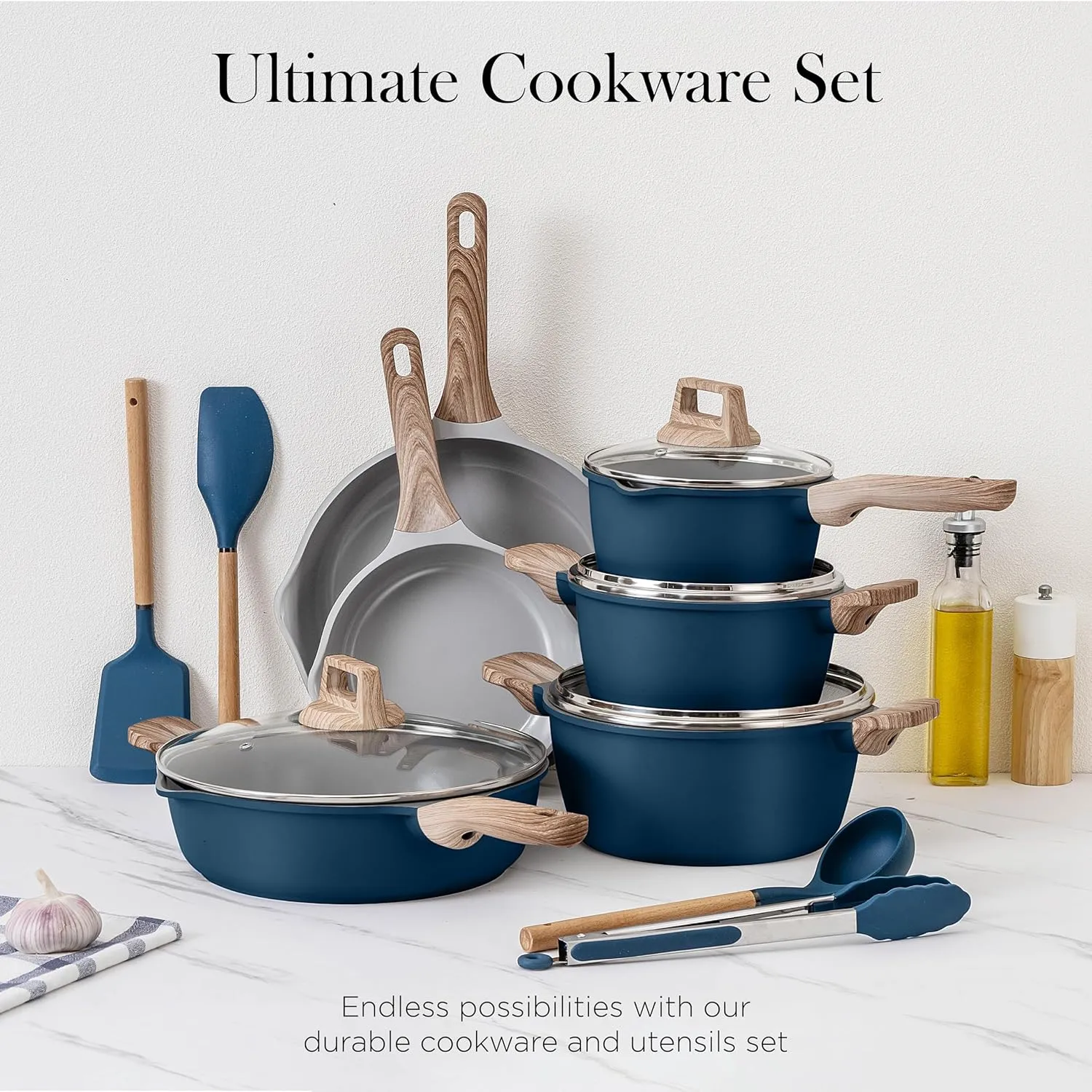 Country Kitchen Pots and Pans Set Nonstick, Cast Aluminum Kitchen Cookware Set with Utensils, 14 Pcs Non Stick Cooking Set w/Frying Pans & Saucepans, Navy