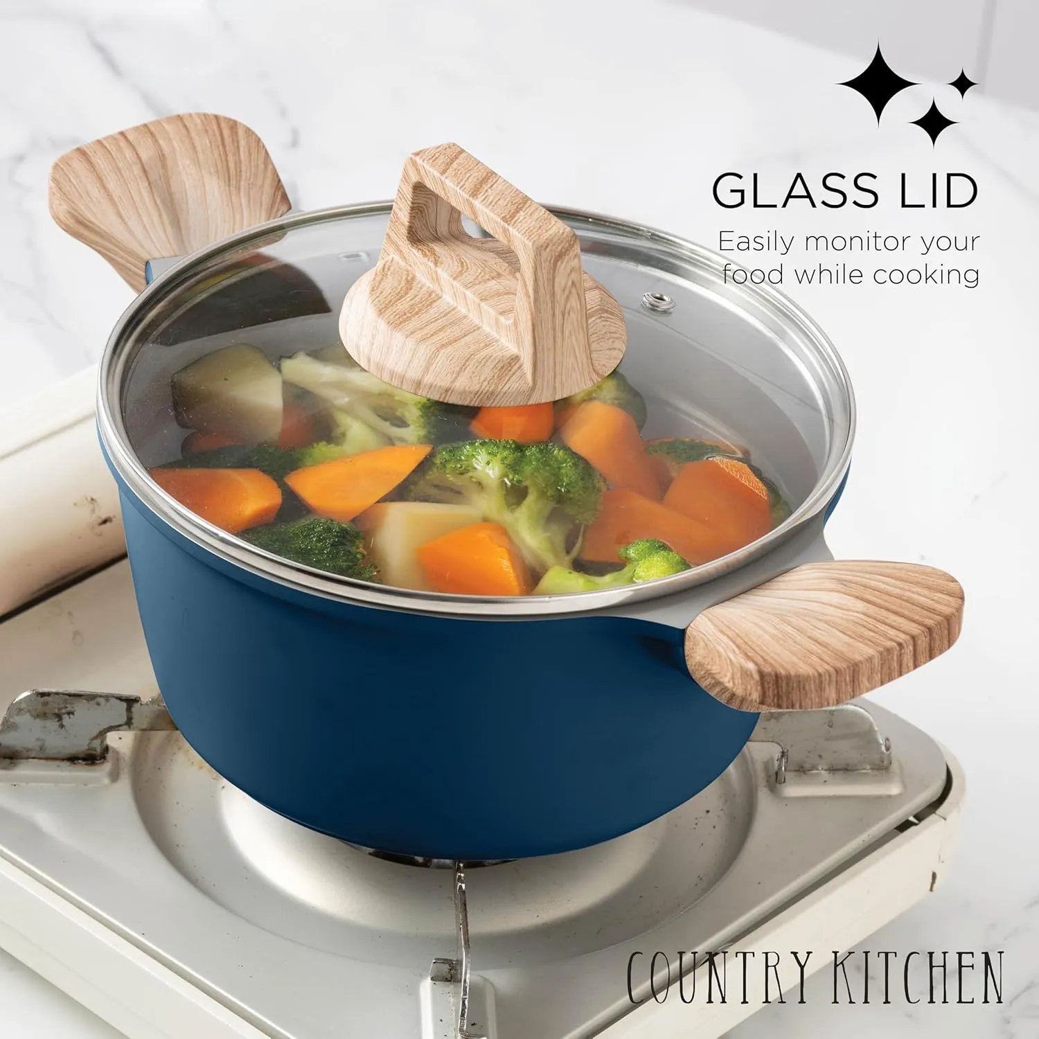 Country Kitchen Pots and Pans Set Nonstick, Cast Aluminum Kitchen Cookware Set with Utensils, 14 Pcs Non Stick Cooking Set w/Frying Pans & Saucepans, Navy