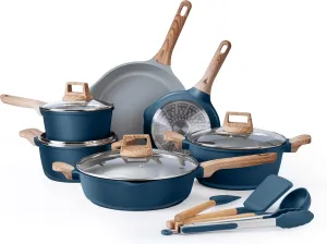 Country Kitchen Pots and Pans Set Nonstick, Cast Aluminum Kitchen Cookware Set with Utensils, 14 Pcs Non Stick Cooking Set w/Frying Pans & Saucepans, Navy
