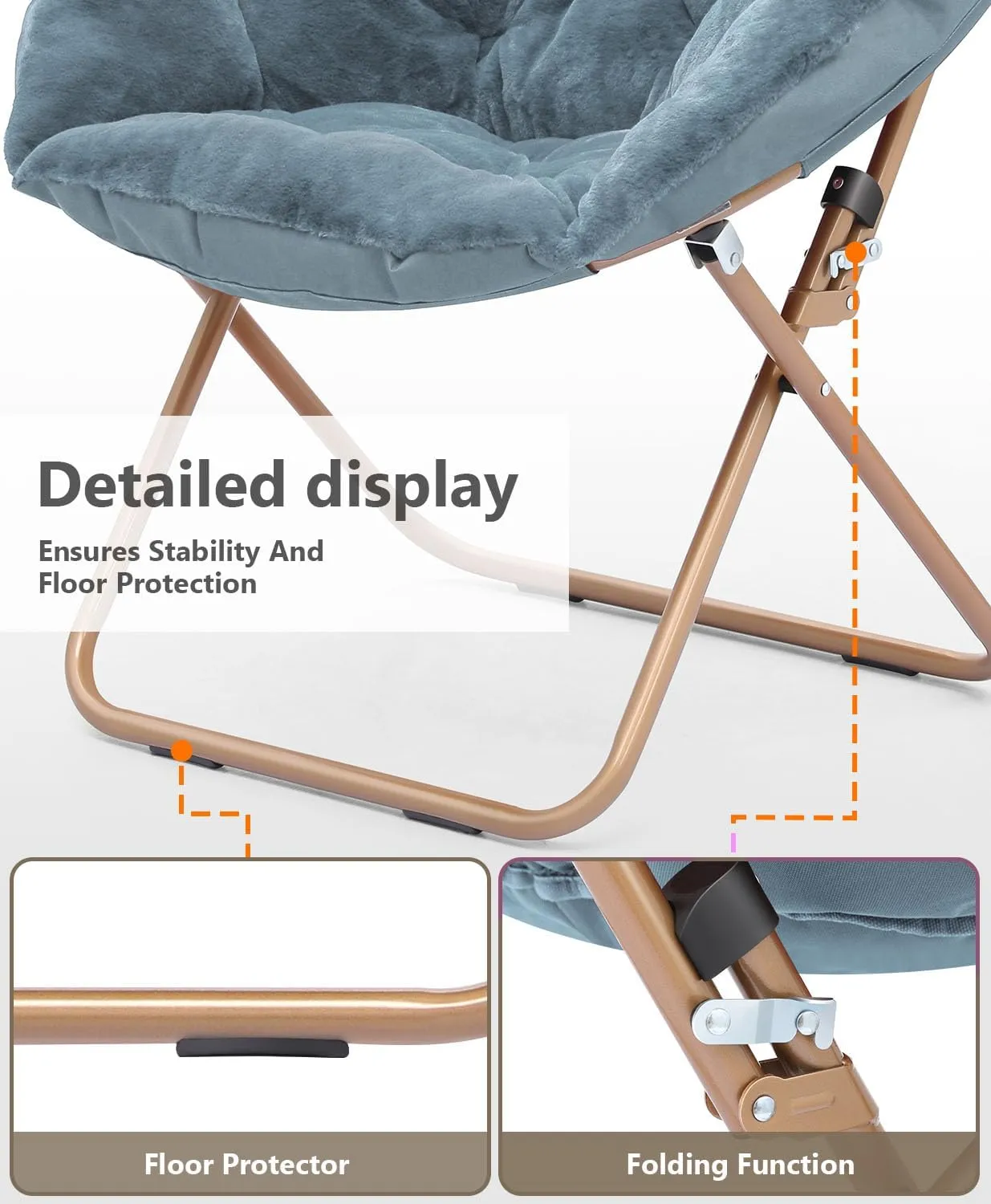 Cozy Saucer Chair, Living Room Chair, Faux Fur Soft Thick Padded Seat, Metal Frame Folding Chair, Comfortable Moon Chair for Living Room, Bedroom, Reading Nook, Modern Style, 1 Pack, Blue