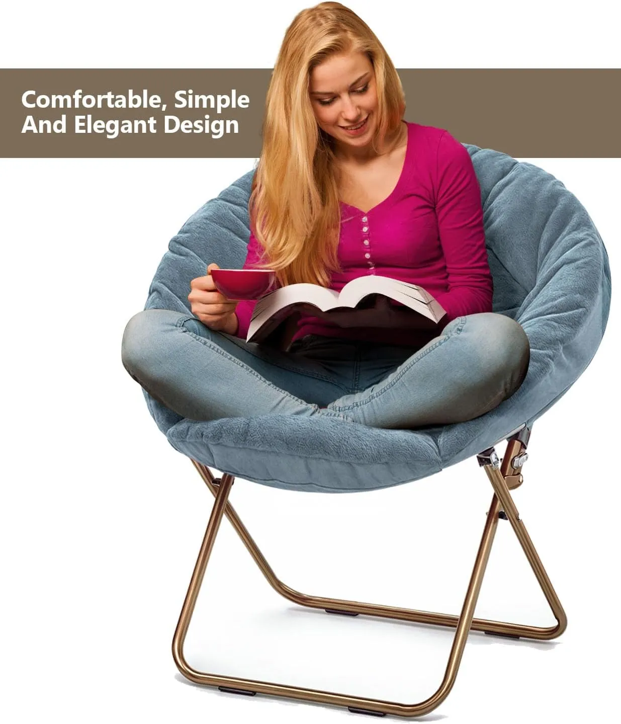 Cozy Saucer Chair, Living Room Chair, Faux Fur Soft Thick Padded Seat, Metal Frame Folding Chair, Comfortable Moon Chair for Living Room, Bedroom, Reading Nook, Modern Style, 1 Pack, Blue