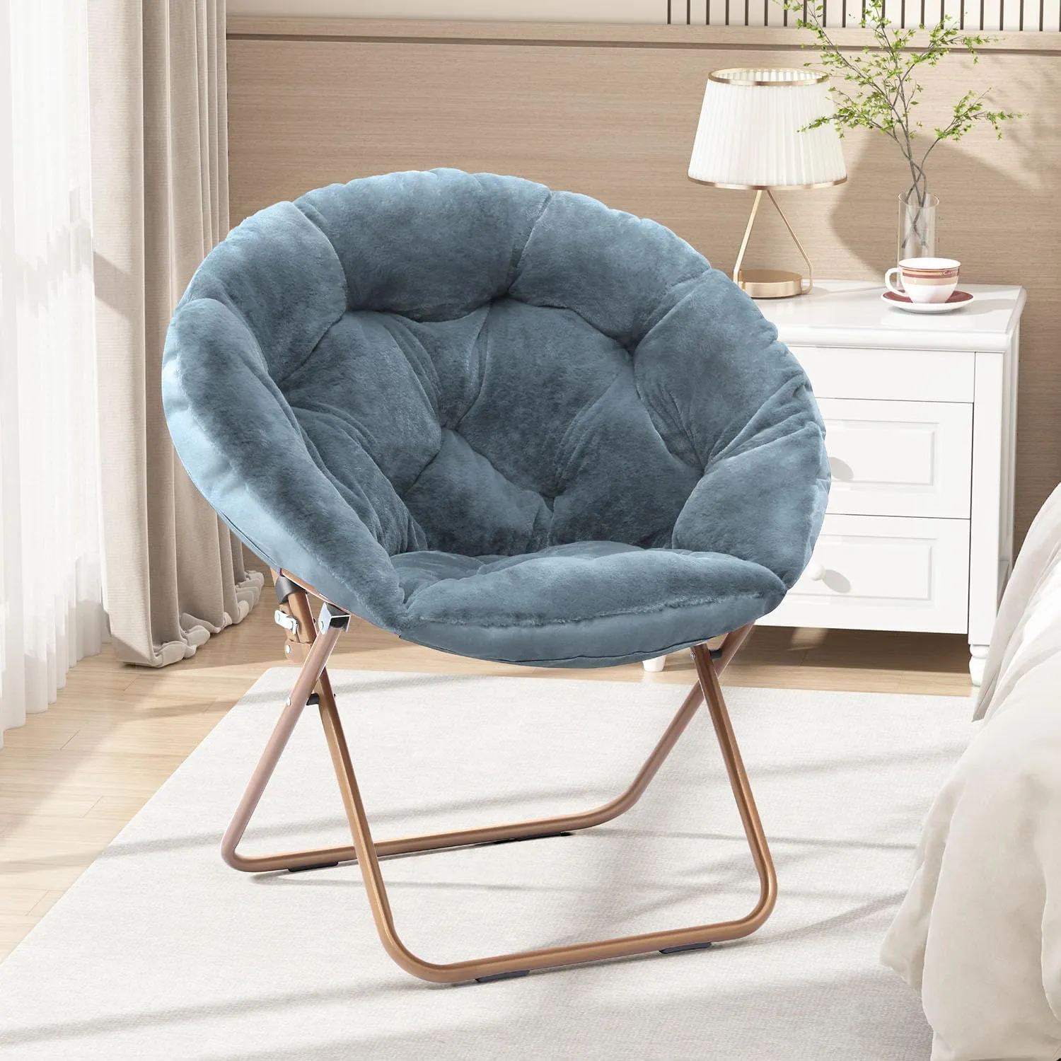 Cozy Saucer Chair, Living Room Chair, Faux Fur Soft Thick Padded Seat, Metal Frame Folding Chair, Comfortable Moon Chair for Living Room, Bedroom, Reading Nook, Modern Style, 1 Pack, Blue