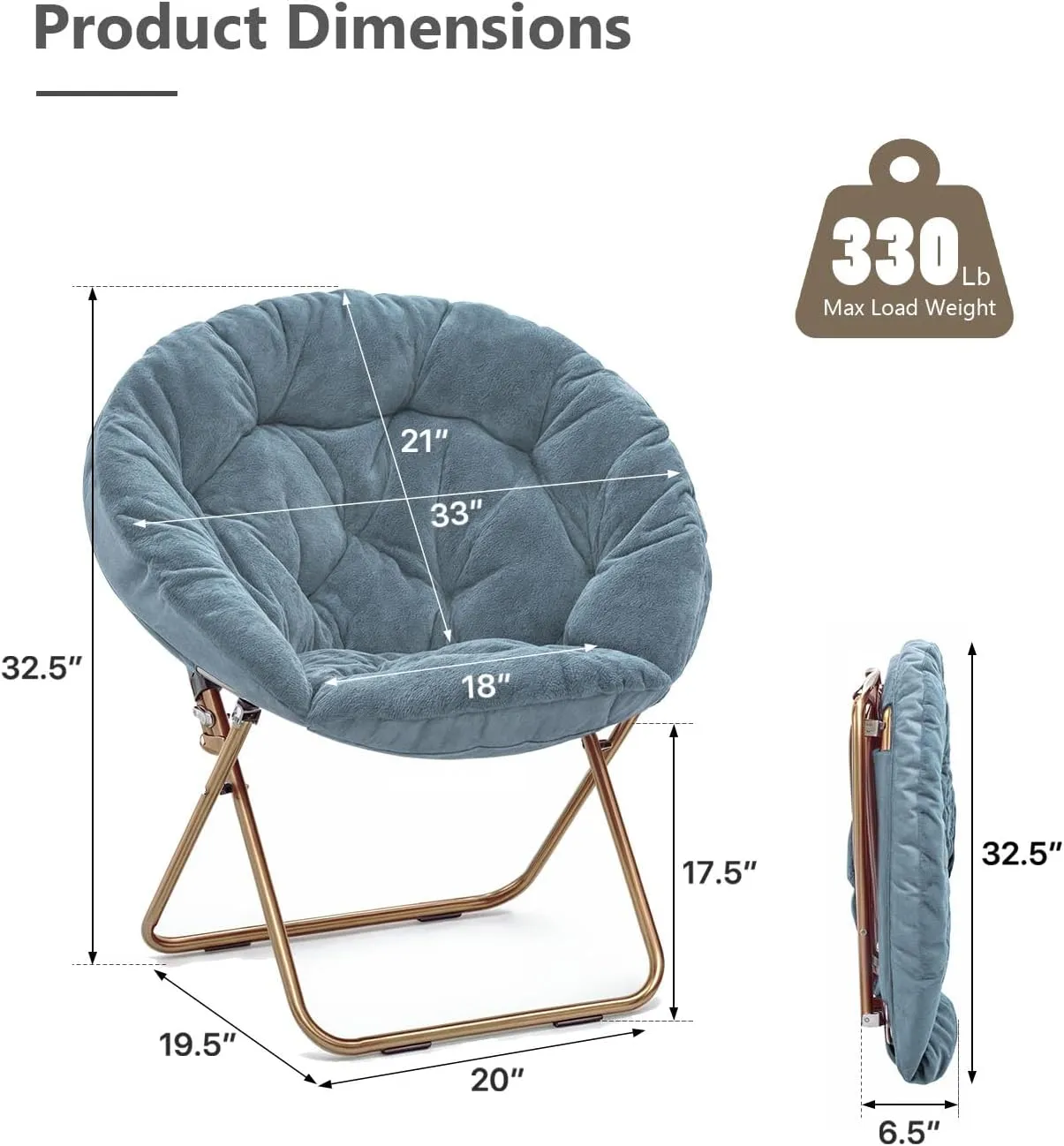 Cozy Saucer Chair, Living Room Chair, Faux Fur Soft Thick Padded Seat, Metal Frame Folding Chair, Comfortable Moon Chair for Living Room, Bedroom, Reading Nook, Modern Style, 1 Pack, Blue
