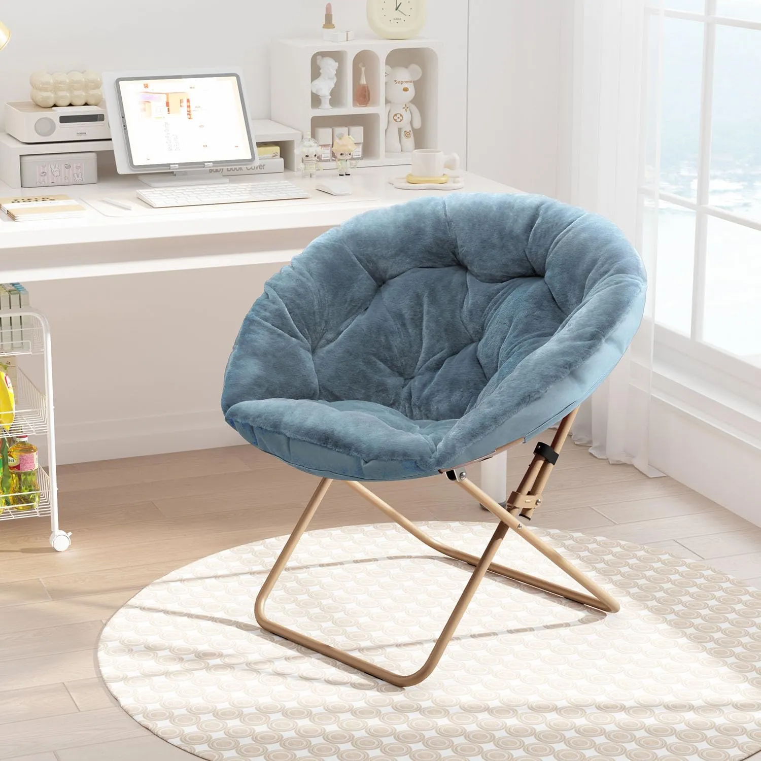 Cozy Saucer Chair, Living Room Chair, Faux Fur Soft Thick Padded Seat, Metal Frame Folding Chair, Comfortable Moon Chair for Living Room, Bedroom, Reading Nook, Modern Style, 1 Pack, Blue