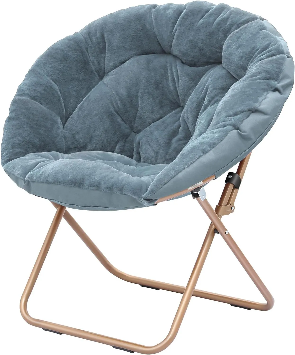 Cozy Saucer Chair, Living Room Chair, Faux Fur Soft Thick Padded Seat, Metal Frame Folding Chair, Comfortable Moon Chair for Living Room, Bedroom, Reading Nook, Modern Style, 1 Pack, Blue