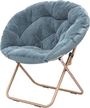 Cozy Saucer Chair, Living Room Chair, Faux Fur Soft Thick Padded Seat, Metal Frame Folding Chair, Comfortable Moon Chair for Living Room, Bedroom, Reading Nook, Modern Style, 1 Pack, Blue