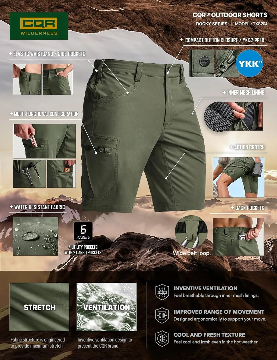 CQR Men's Quick Dry Stretch Hiking Cargo Shorts, Lightweight Water Resistant Tactical Casual, Golf & Outdoor with Pockets