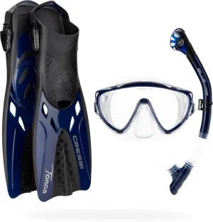 Cressi Snorkeling Set- Short Adjustable Fins, Silicone Mask, and Dry Snorkel- Compact for Travel- Tino Adventure Set- Designed in Italy