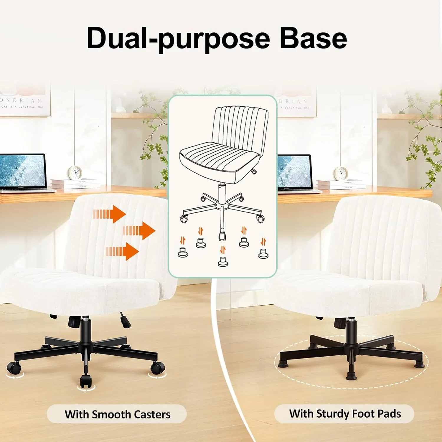 Criss Cross Chair with Wheels,Thick Padded Fabric Cross Legged Office Desk Chair with Pocket Spring Cushion,Dual-Purpose Base,Wide Adjustable Computer Home Office Vanity Chair,Cream White