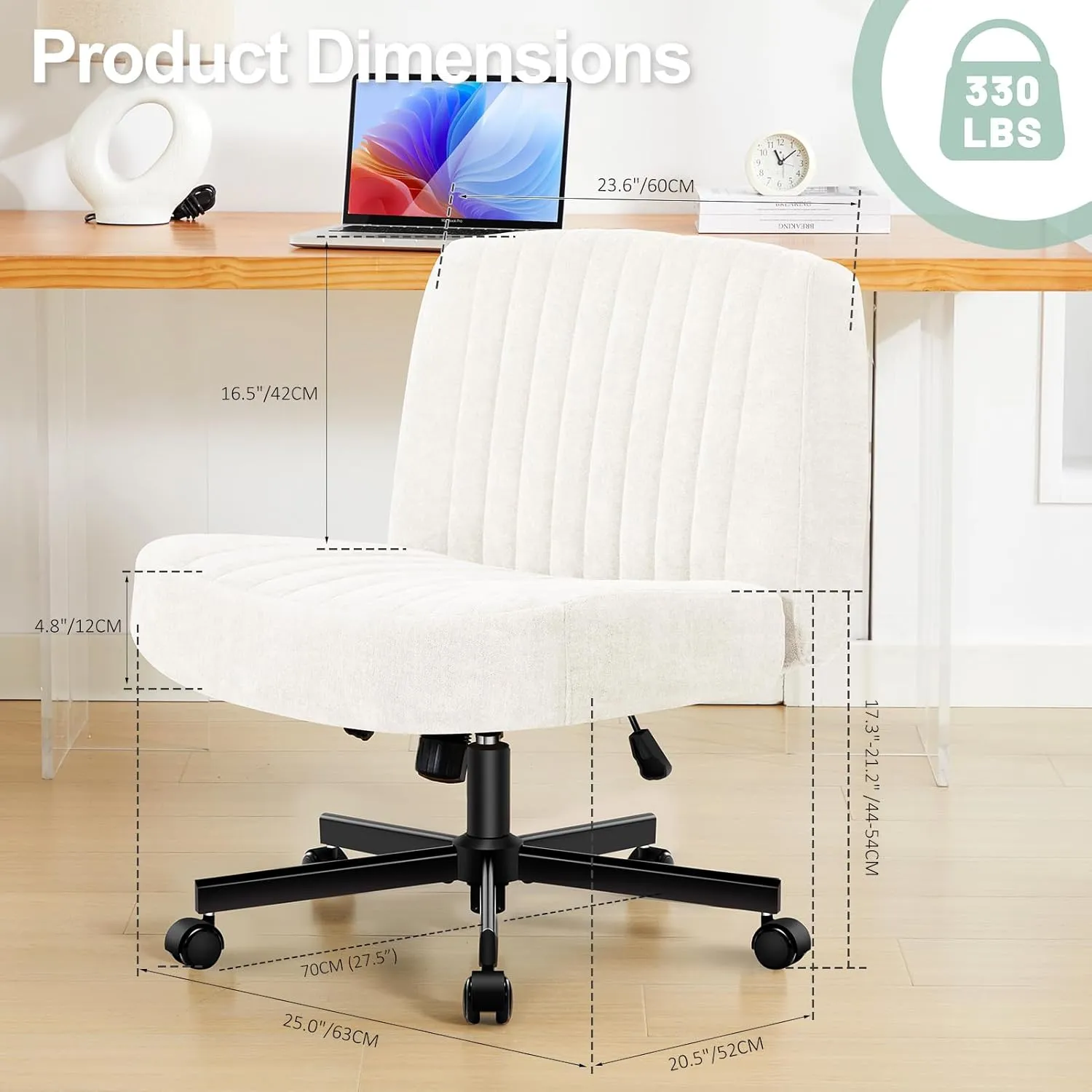 Criss Cross Chair with Wheels,Thick Padded Fabric Cross Legged Office Desk Chair with Pocket Spring Cushion,Dual-Purpose Base,Wide Adjustable Computer Home Office Vanity Chair,Cream White