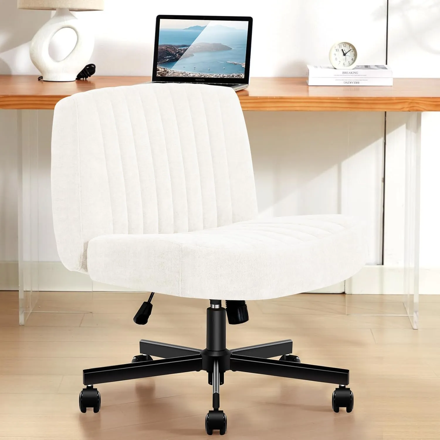 Criss Cross Chair with Wheels,Thick Padded Fabric Cross Legged Office Desk Chair with Pocket Spring Cushion,Dual-Purpose Base,Wide Adjustable Computer Home Office Vanity Chair,Cream White
