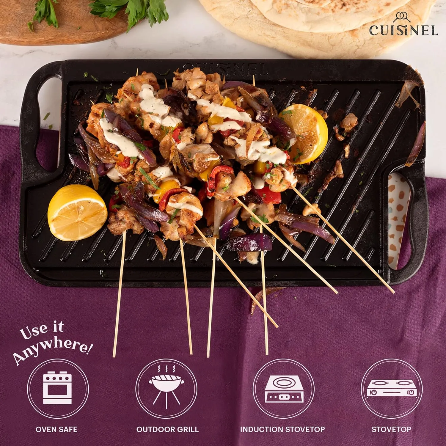 Cuisinel Cast Iron Griddle/Grill   Scraper/Cleaner - Reversible Pre-Seasoned 16.75" X 9.5"-inch Dual Handle Flat Skillet and Griller Pan - Works Indoor/Outdoor, Stove Burner, Gas, Fire