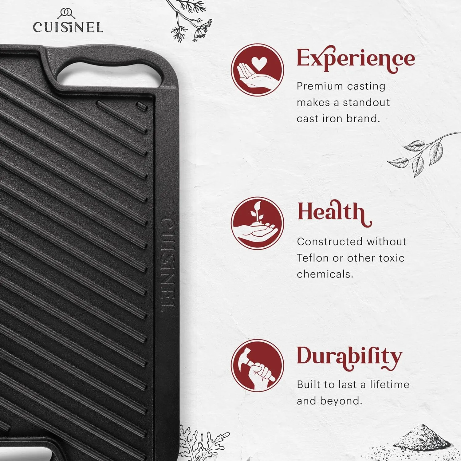 Cuisinel Cast Iron Griddle/Grill   Scraper/Cleaner - Reversible Pre-Seasoned 16.75" X 9.5"-inch Dual Handle Flat Skillet and Griller Pan - Works Indoor/Outdoor, Stove Burner, Gas, Fire
