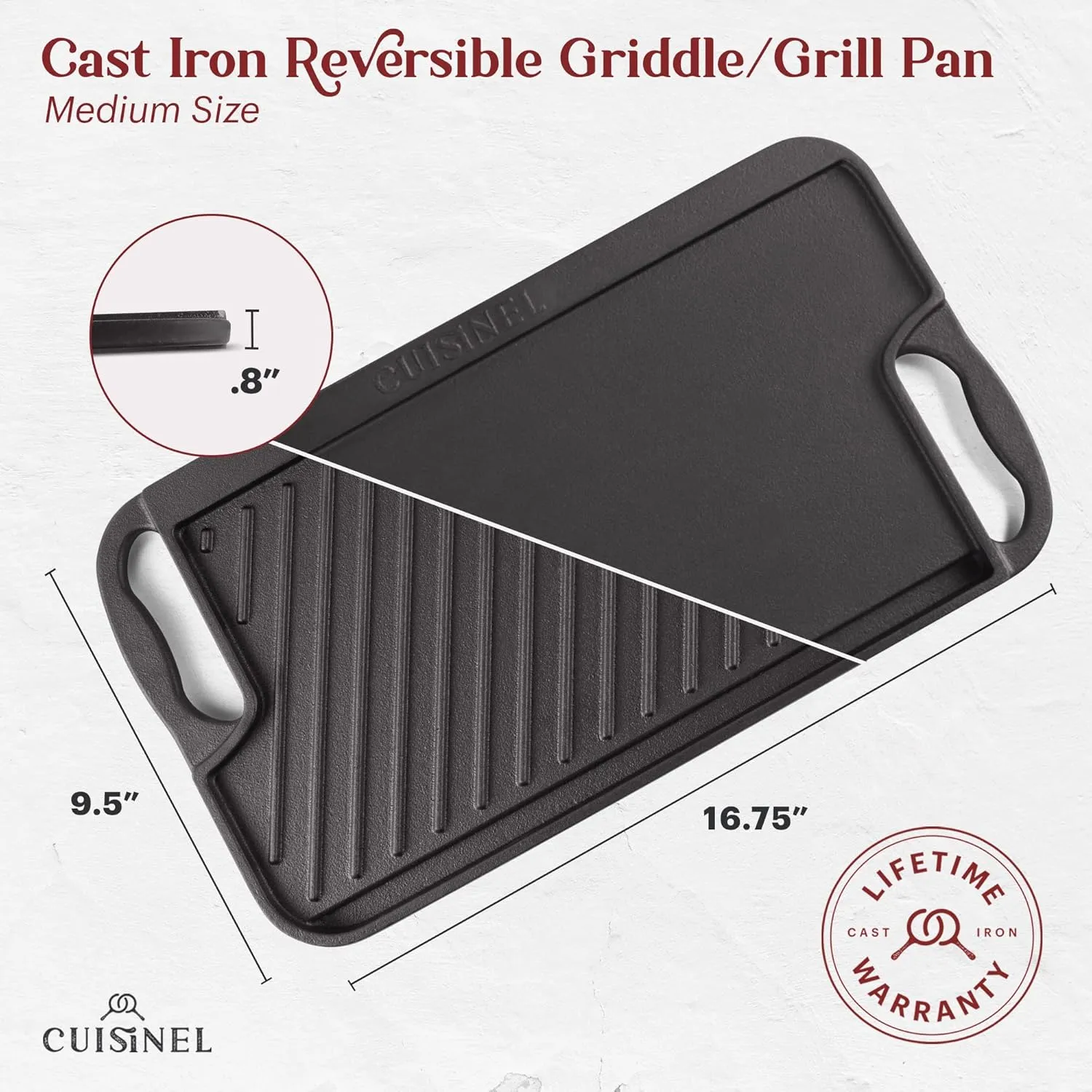 Cuisinel Cast Iron Griddle/Grill   Scraper/Cleaner - Reversible Pre-Seasoned 16.75" X 9.5"-inch Dual Handle Flat Skillet and Griller Pan - Works Indoor/Outdoor, Stove Burner, Gas, Fire