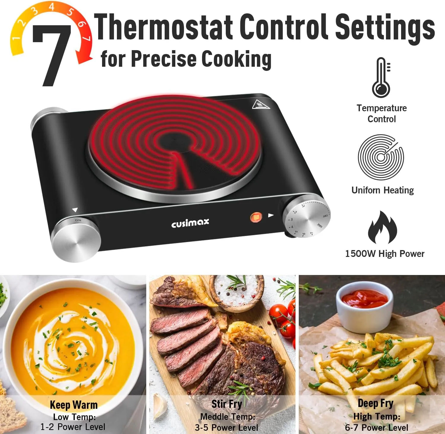 Cusimax Hot Plate Portable Electric Stove Countertop Single Burner with Adjustable Temperature Control & Non-Slip Rubber Feet, 7.4” Cooktop for Dorm Office Home Camp, Compatible for All Cookwares