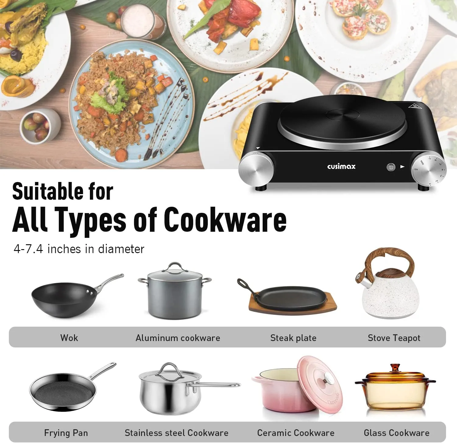 Cusimax Hot Plate Portable Electric Stove Countertop Single Burner with Adjustable Temperature Control & Non-Slip Rubber Feet, 7.4” Cooktop for Dorm Office Home Camp, Compatible for All Cookwares