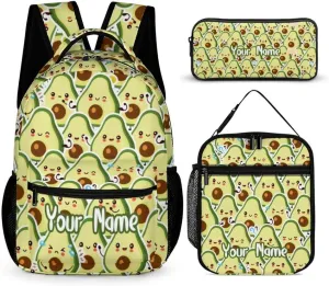Custom Avocado Backpack with Lunch Box & Pencil Case for Kids Girls Boys School, 16 Inch Cute Avocado Bookbag, School Backpack for Students Children, Lightweight, Large Capacity